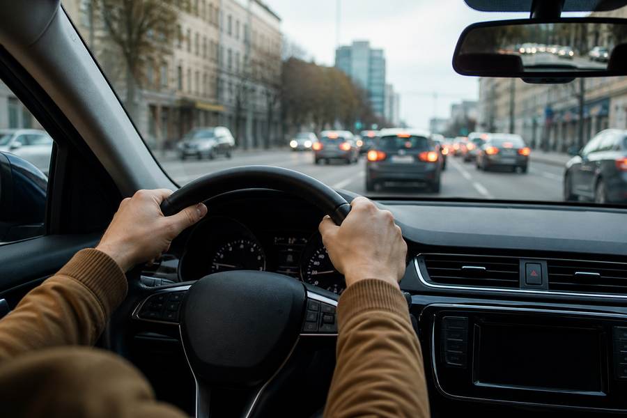Motorista atento ao volante em via urbana